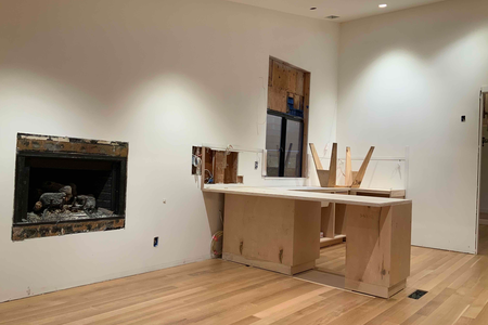 Fireplace and Kitchen cabinets in progress