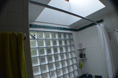 Lighthearted Bath before glass block + skylight